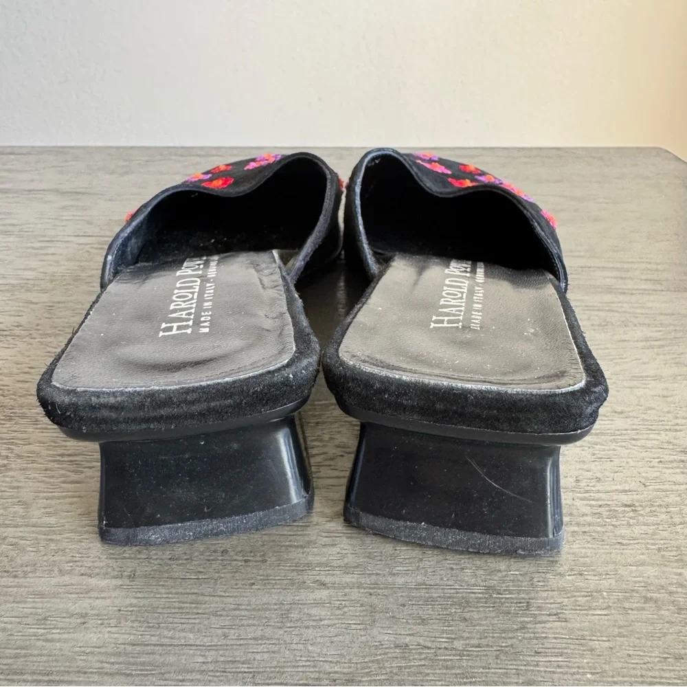 Vintage Embroidered Kitten Heels Mules Harold Powell Leather Suede Block Heels